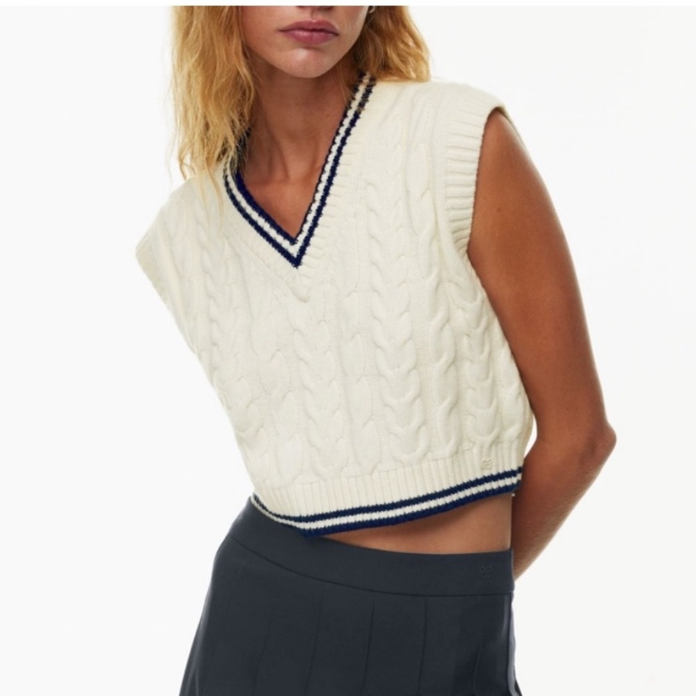 Sunday Best Winston Cropped Cable Knit Sweater Vest Navy/Cream